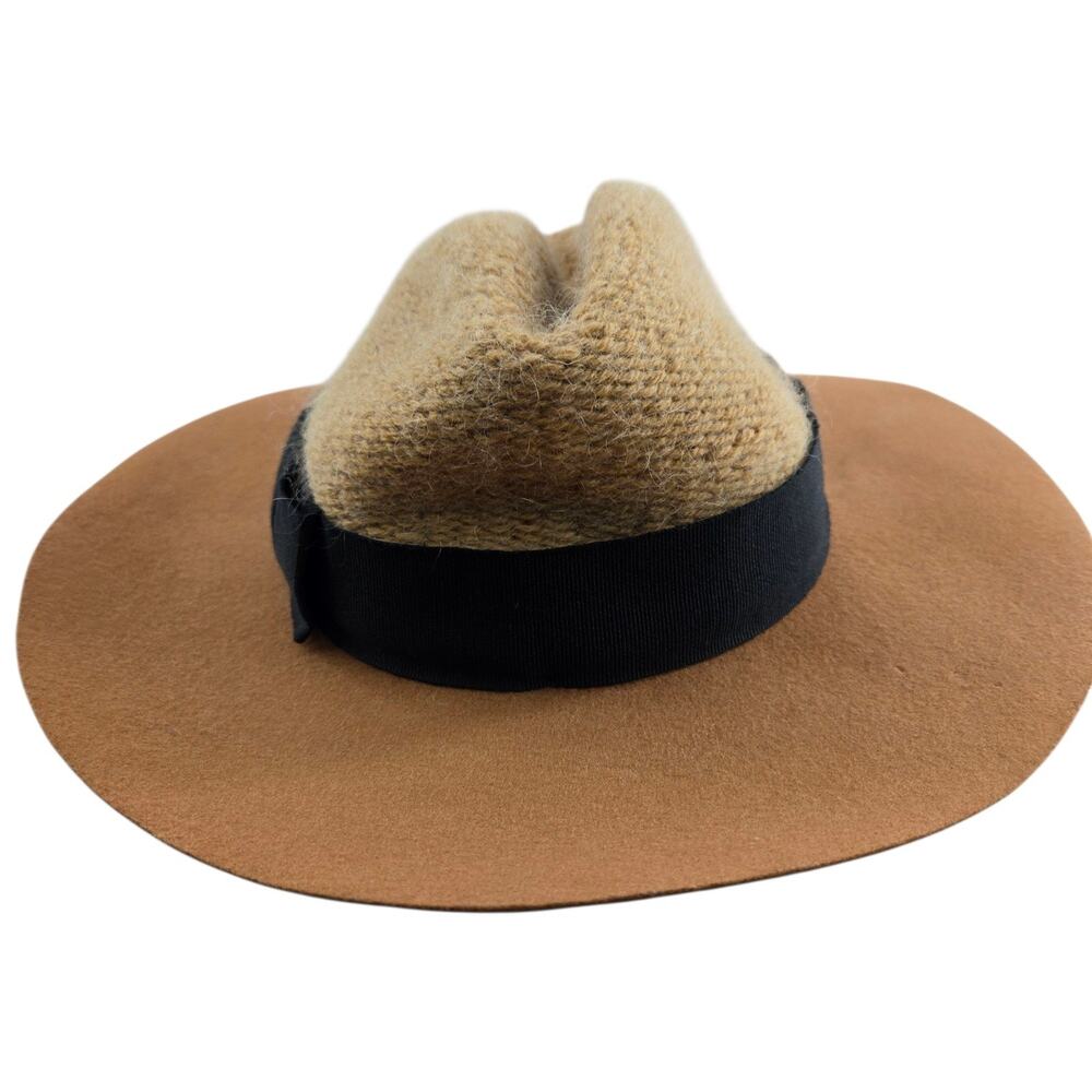 Anthropologie Bettina Womens Hat Wide Brim Wool Mohair Tan Beige Black Flat Bow